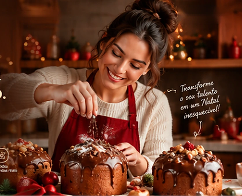 Confeiteira decorando um chocotone natalino artesanal