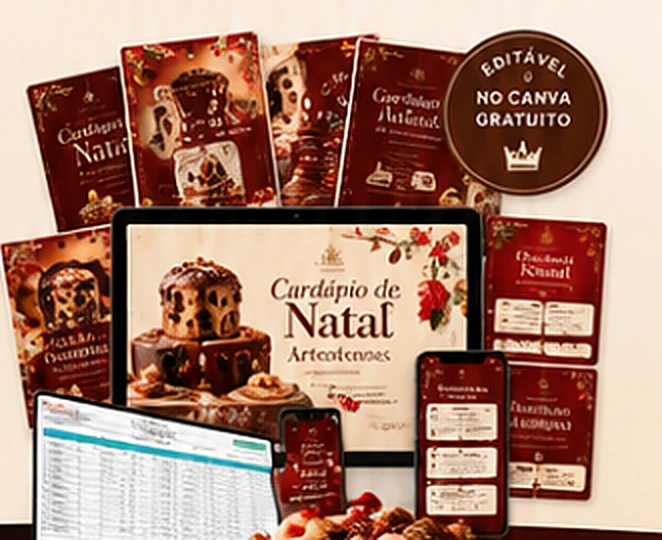 Mockups dos materiais do Natal Lucrativo: cardápios, planilhas, receitas e posts